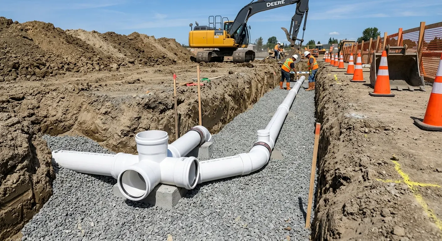 New PVC sewer pipe installation in open trench for Sewer Backup in Rapid City