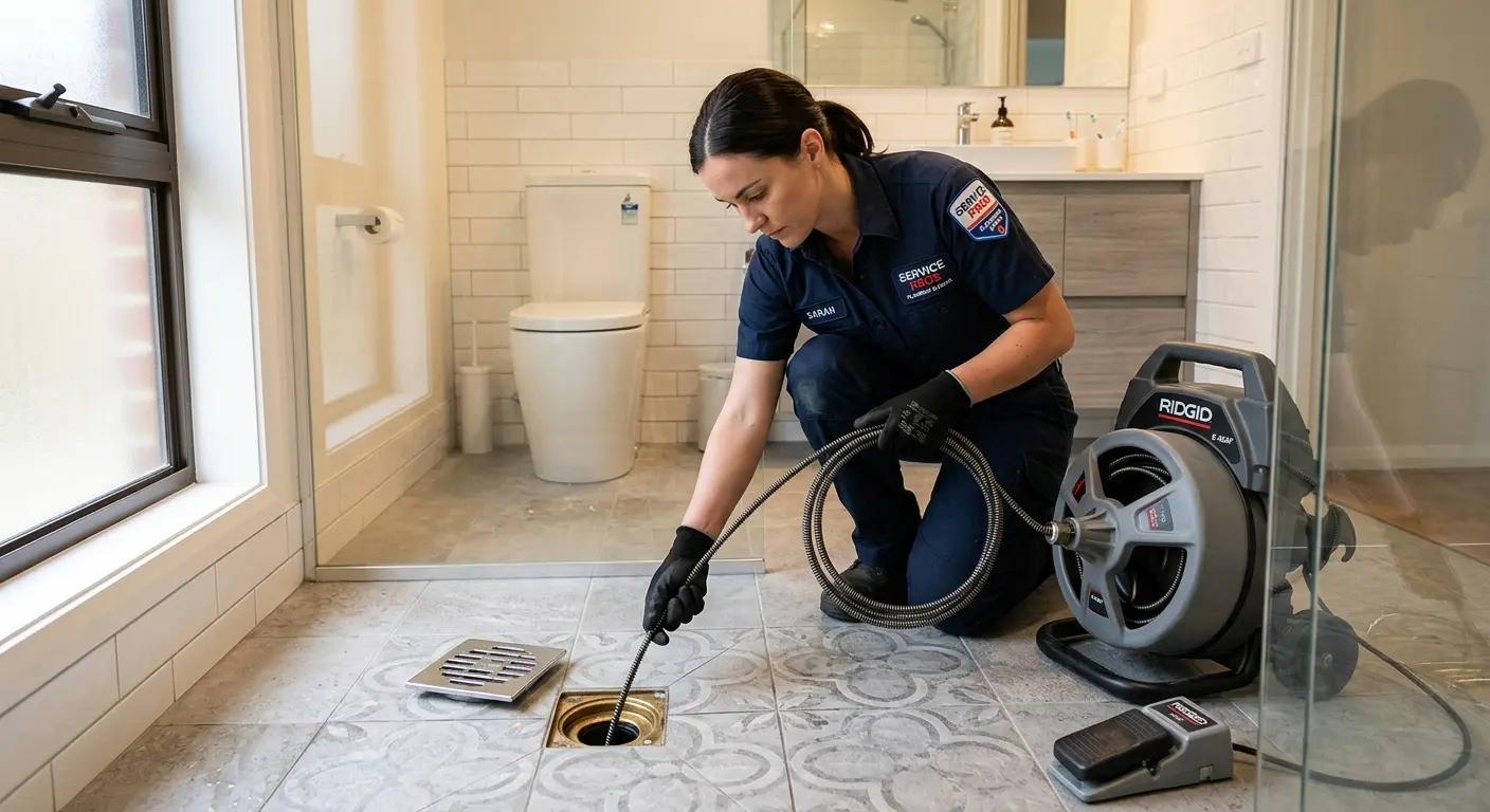 Technician clearing a bathroom floor drain for Sewer Line Installation in Rapid City